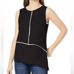 Calvin Klein Black With White Piping Trim Asymmetrical Hem Sleeveless Sz L Retro